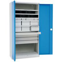 Hoge kast SF1 met laden, Max. belasting: 450 kg, Materiaal: Staal, Totale hoogte: 1950 mm, Aantal laden: 17