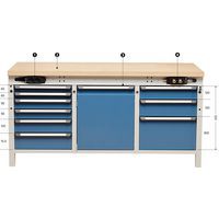 1 - Rail met 2 stopcontacten2 - Multiplex beuken werkblad, dikte 40 mm3 - Technische draagbalk4 - Rail met 2 persluchtaansluitingen