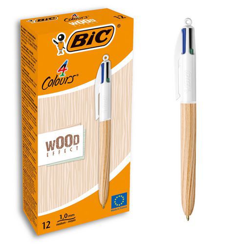 Set van 12 BIC-balpennen in 4 kleuren, intrekbaar Wood Style - BIC
