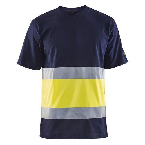 T-shirt High Vis lange mouw UPF 40+ UV V hals 3387 marineblauw/geel