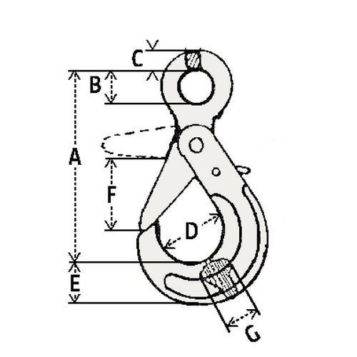 A = Totale hoogteB = Oog ØC = ØD = Haak ØE = Haak hoogteF = OpeningG = Dikte