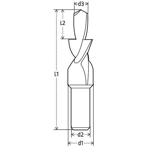 L1: lengteL2: nuttige lengted1: totale Ød2: aansluitstuk Ød3: boor Ø